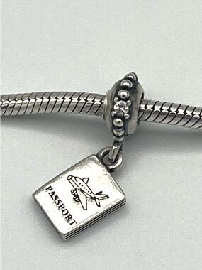 Pandora Retired Sterling Silver with CZ Passport & Airplane Dangle Charm